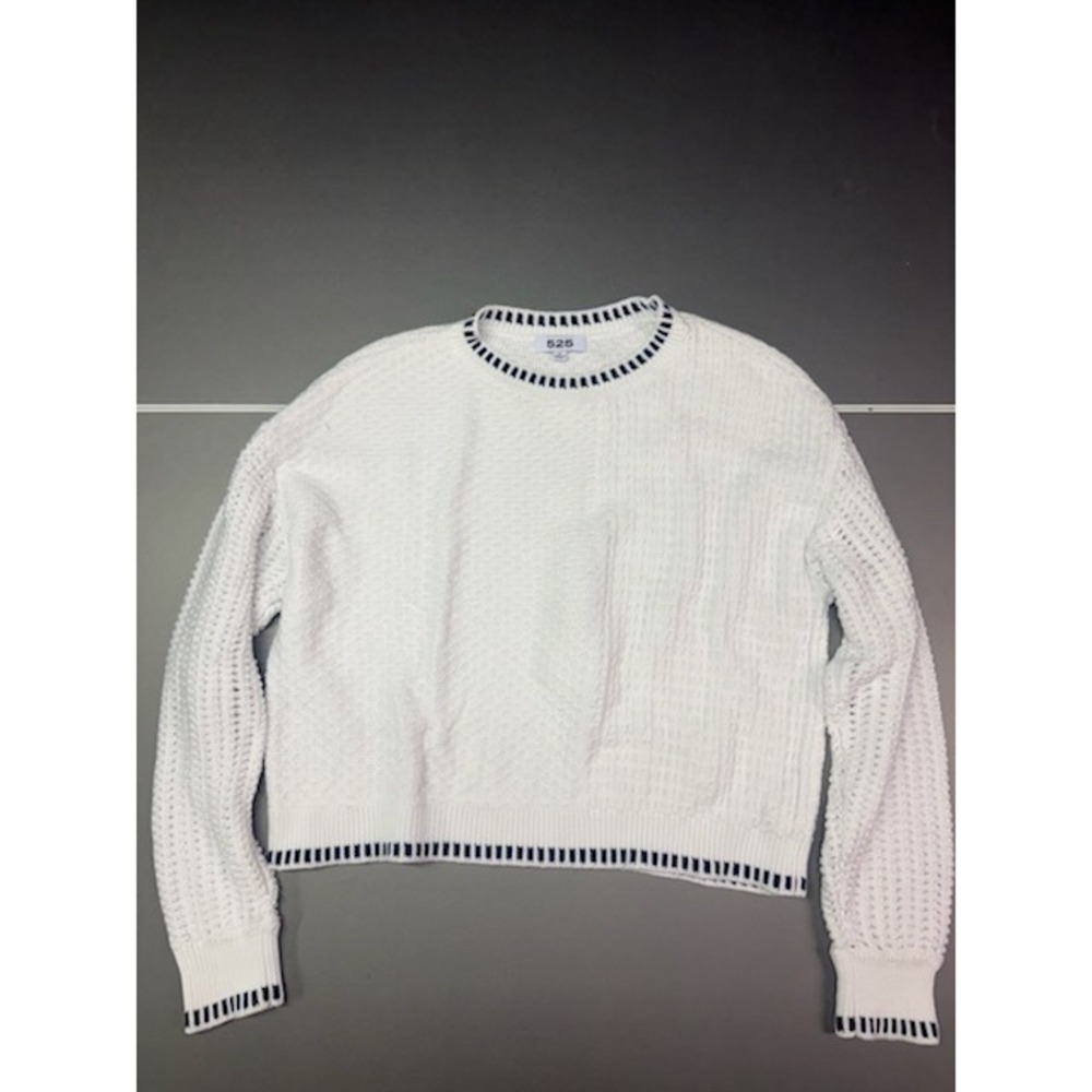 525 America White Cotton Knit Sweater Navy Trim Crew Neck Small